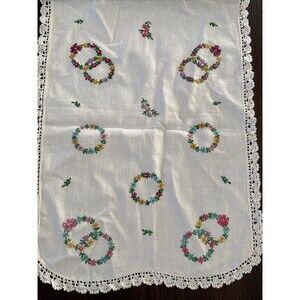 Vintage Dresser Scarf Embroidered Nosegay Wedding Scalloped Edge Granny Cottage